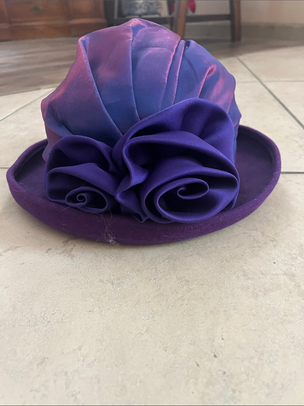 Purple Satin looking  Flower Cloche 100% wool Hat